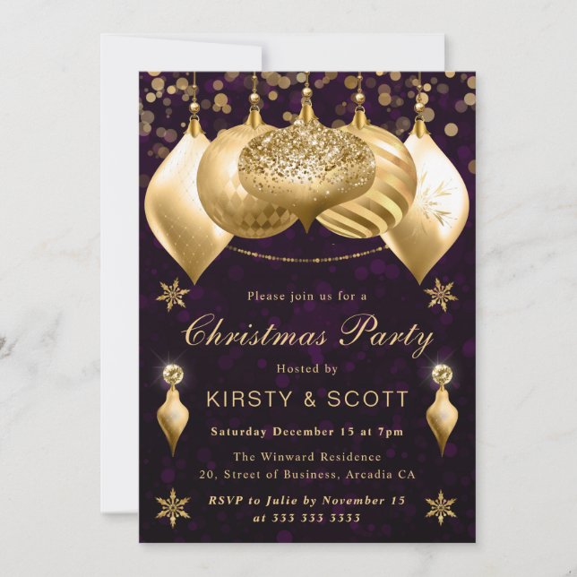 Purple and Gold Glitter Baubles Christmas Party Invitation (Front)