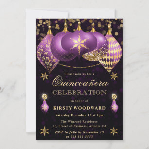 Purple and Gold Glitter Baubles Quinceanera Invitation