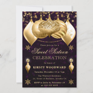 Purple and Gold Glitter Baubles Sweet Sixteen Invitation