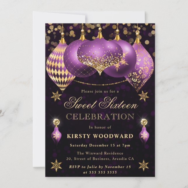 Purple and Gold Glitter Baubles Sweet Sixteen Invitation (Front)