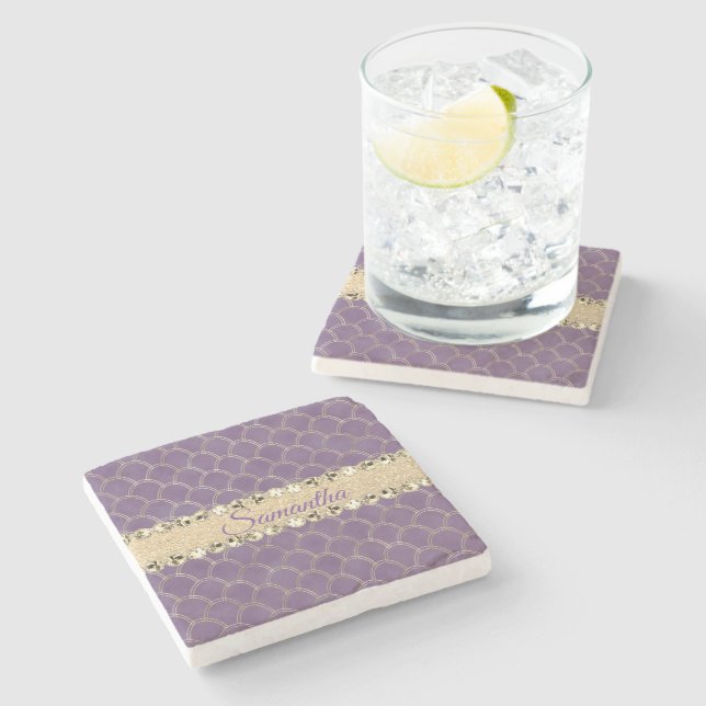 Purple and Gold Glitter Bling Personalised Stone Coaster (Side)