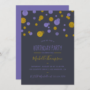 Purple and Gold Glitter Confetti Birthday Party Invitation