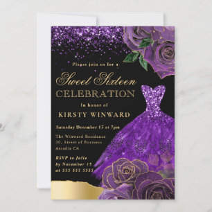 Purple and Gold Glitter Dress Glam Roses Sweet 16 Invitation