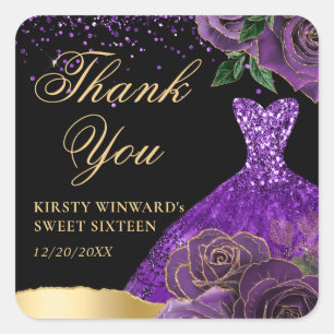 Purple and Gold Glitter Dress Glam Roses Sweet 16 Square Sticker