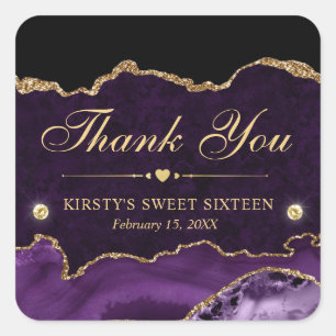 Purple and Gold Glitter Marble Agate Sweet Sixteen Square Sticker