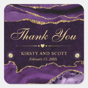 Purple and Gold Glitter Marble Agate Wedding Square Sticker
