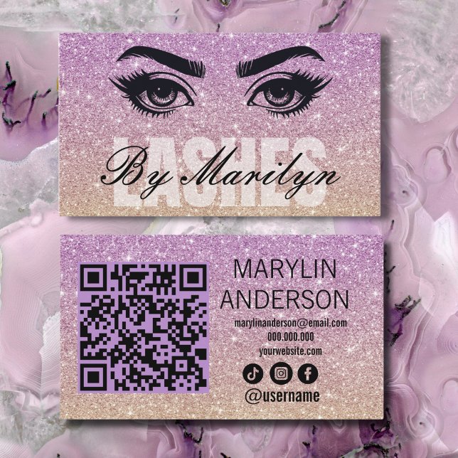 Purple and Gold Glitter Ombre Lash Tech QR Code  Business Card (Creator Uploaded)