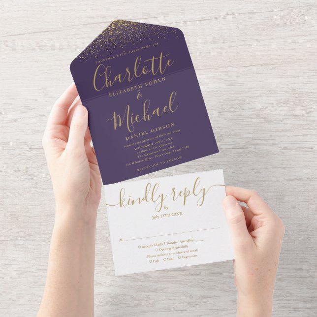 Purple And Gold Glitter Script Wedding All In One Invitation (Tearaway)