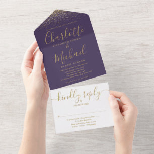 Purple And Gold Glitter Script Wedding All In One Invitation