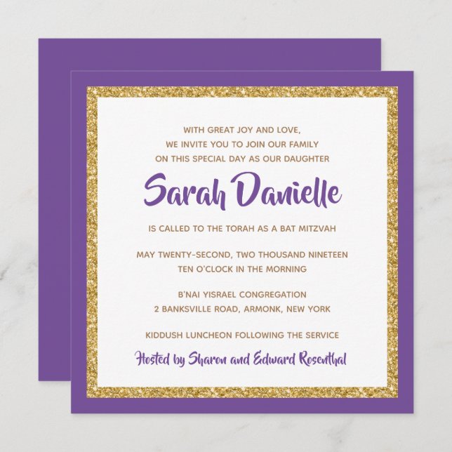Purple and Gold Glitter Square Bat Mitzvah Invitation (Front/Back)