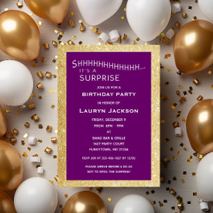 Purple and Gold Glitter Surprise Party Birthday Invitation