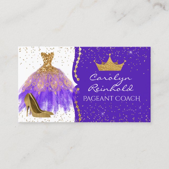Purple and Gold Glittery Pageant Coach Business Card (Front)