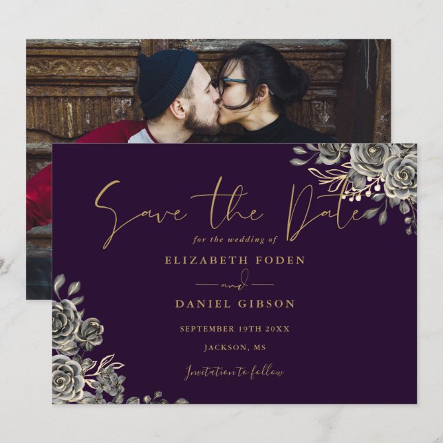 Purple And Gold Gothic Floral Photo Wedding Save The Date (Front/Back)