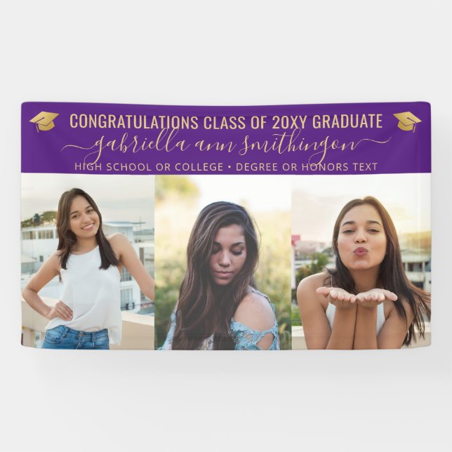 Purple and Gold Graduation 3 Photo Party Banner (Horizontal)