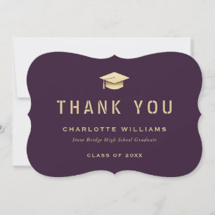 Purple and Gold Graduation Cap Modern Thank You Card