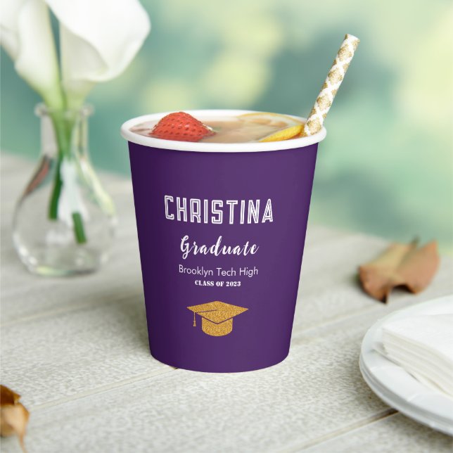 Purple and Gold Graduation Cap Paper Cups (Insitu)