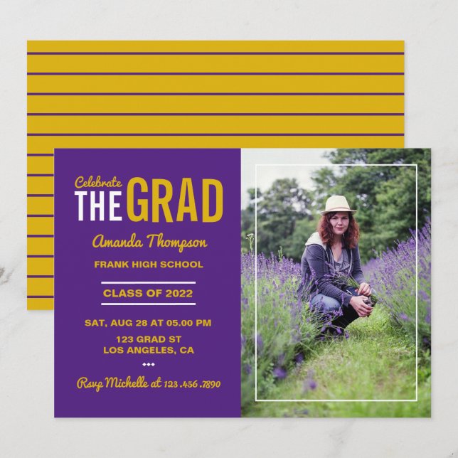 Purple and Gold Graduation Party Invitation (Front/Back)