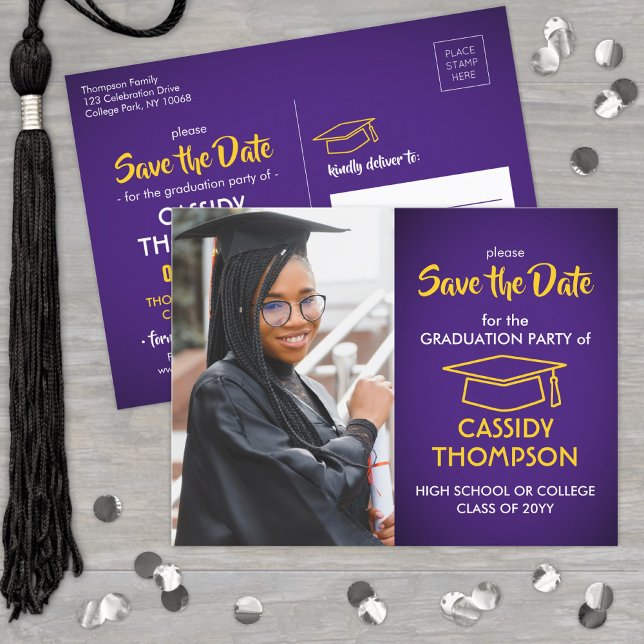 Purple and Gold Graduation Photo Save the Date Postcard (Creator Uploaded)