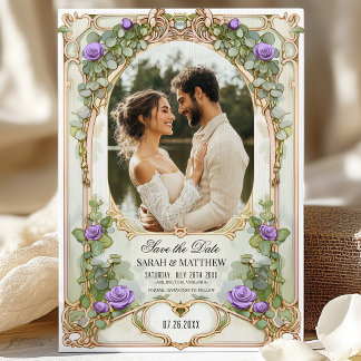 Purple and Gold Greenery Save the Date with Photo Invitation