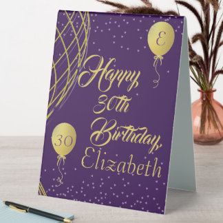 Purple and Gold Happy Birthday Table Tent Sign
