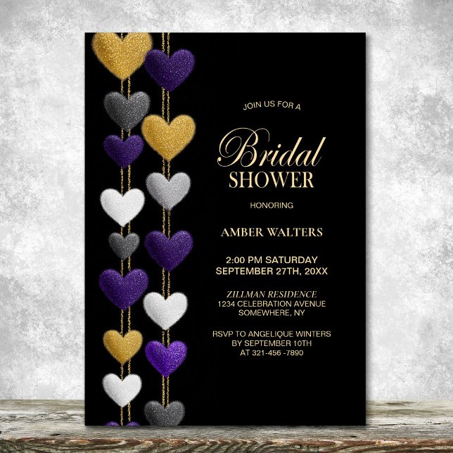Purple and Gold Hearts Bridal Shower Invitation (Creator Uploaded)