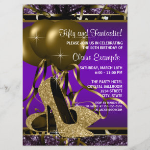 Purple and Gold High Heels Birthday Party Invitation