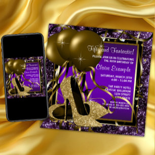 Purple and Gold High Heels Womans Birthday Party Invitation