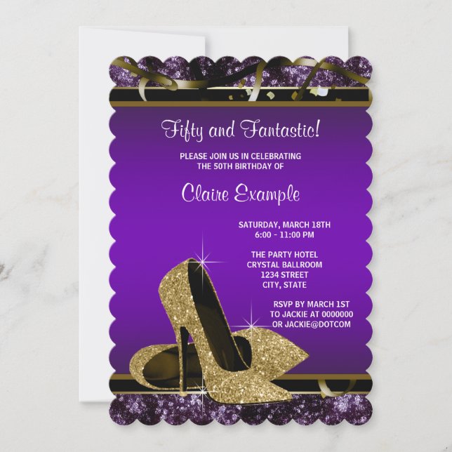 Purple and Gold High Heels Womans Birthday Party Invitation (Front)