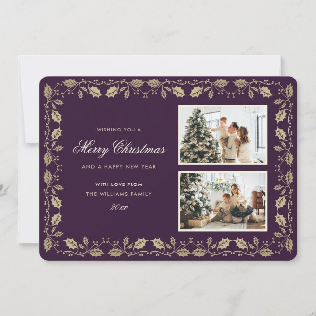 Purple and Gold Holly Family Photo Holiday Card (Front)