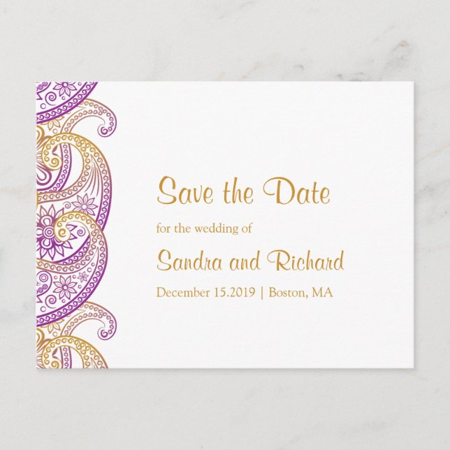 Purple and Gold Indian Paisley Save the Date Announcement Postcard (Front)