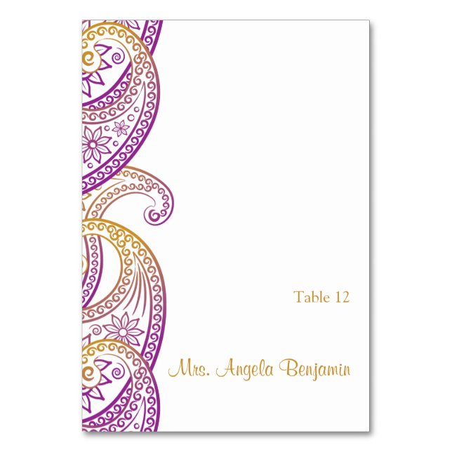 Purple and Gold Indian Paisley Wedding Place Card (Front)