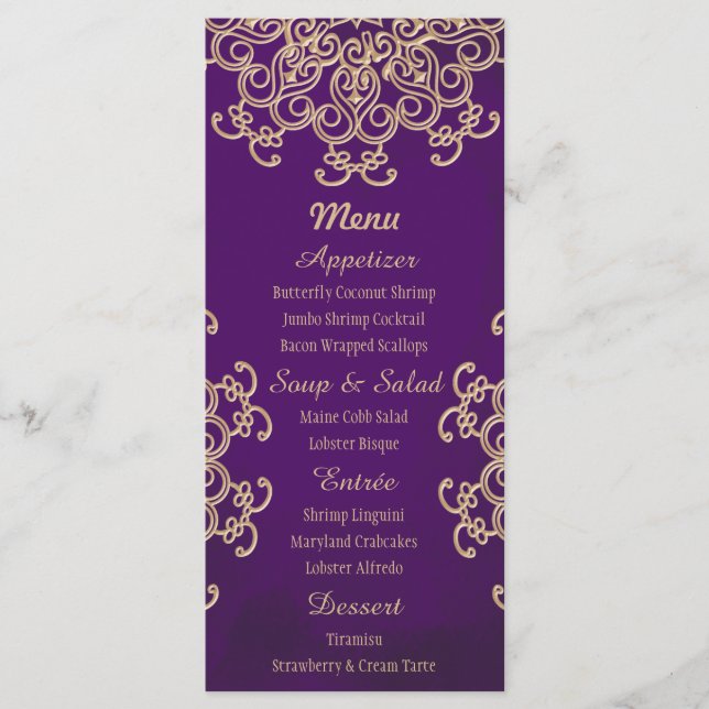 Purple and Gold Indian Style Menu Cards (Front)