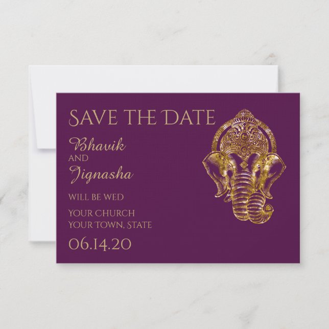 Purple and Gold Indian Wedding Save the Date (Front)