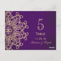 PURPLE AND GOLD INDIAN WEDDING TABLE NUMBER CARD