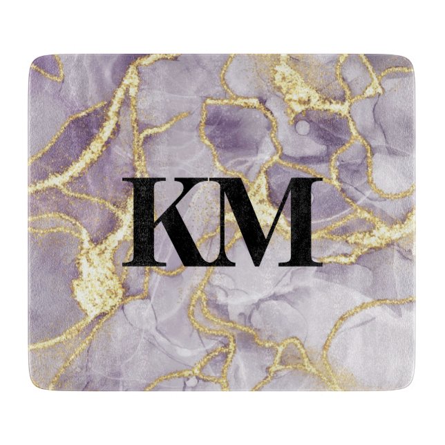 Purple and Gold Ink Marble Monogrammed Cutting Board (Front)