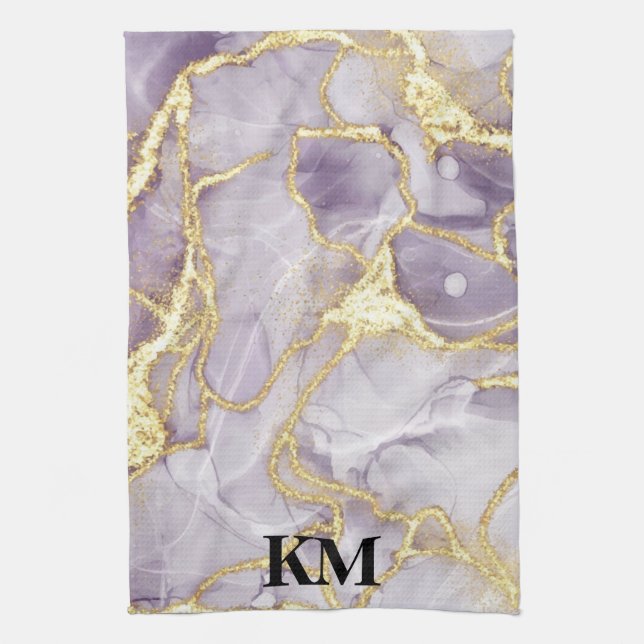 Purple and Gold Ink Marble Monogrammed Tea Towel (Vertical)