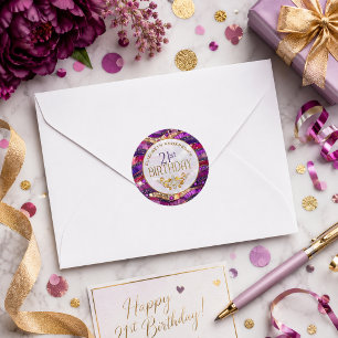 Purple and Gold Jewelled Strata 21st Birthday Classic Round Sticker