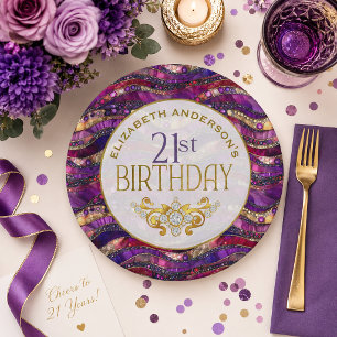 Purple and Gold Jewelled Strata 21st Birthday Paper Plate