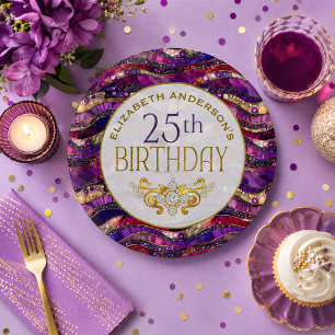 Purple and Gold Jewelled Strata 25th Birthday Paper Plate