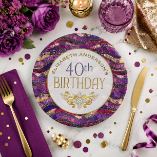 Purple and Gold Jewelled Strata 40th Birthday Paper Plate