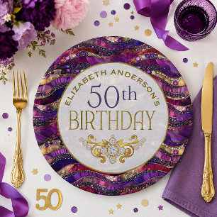 Purple and Gold Jewelled Strata 50th Birthday Paper Plate
