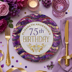 Purple and Gold Jewelled Strata 75th Birthday Paper Plate