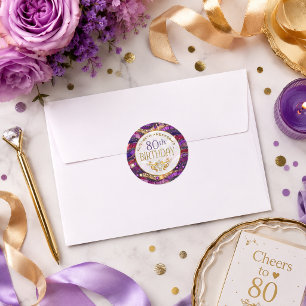 Purple and Gold Jewelled Strata 80th Birthday Classic Round Sticker