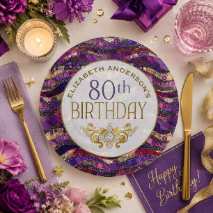 Purple and Gold Jewelled Strata 80th Birthday Paper Plate