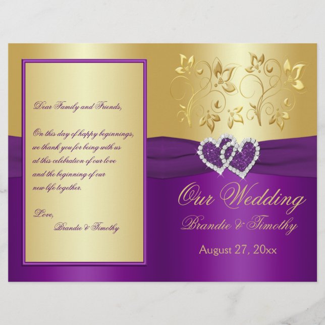 Purple and Gold Joined Hearts Wedding Program (Front)