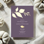 Purple and Gold Leaves 50th Birthday Invitations<br><div class="desc">Celebrate his milestone with our elegant 50th birthday party invitations, perfect for an adult gathering in the autumn season. Featuring a dusty plum background and a unique border of fall leaves in gold foil, these invitations combine simplicity with modern sophistication. The event details are set in a clean type, creating...</div>
