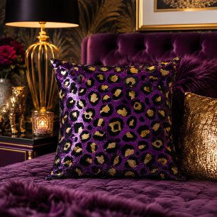 Purple and Gold Leopard Print Animal Pattern Cushion
