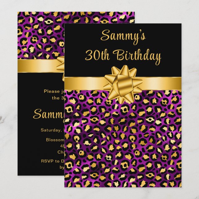 Purple and Gold Leopard Print Birthday Party Invitation (Front/Back)