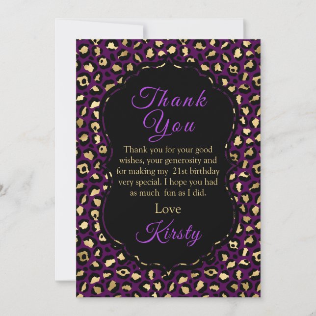 Purple and Gold Leopard Print Birthday Party Thank You Card (Front)