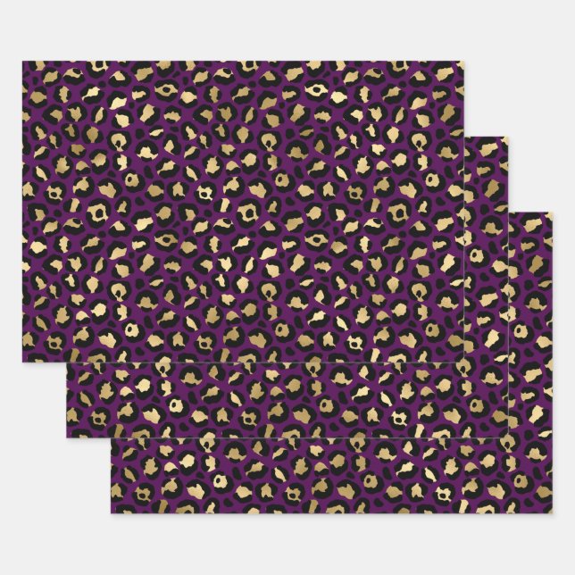 Purple and Gold Leopard Print Wrapping Paper Sheet (Set)